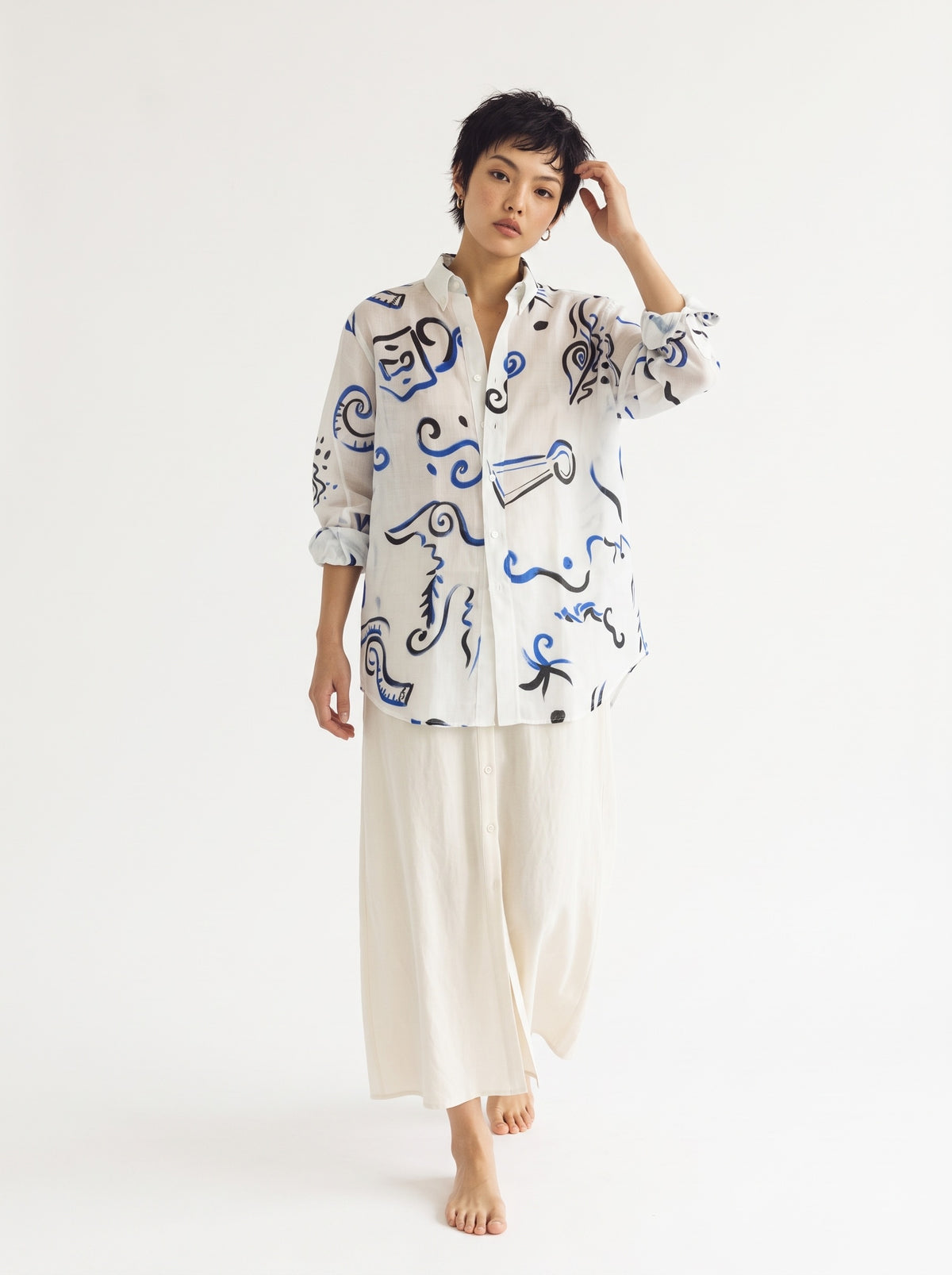 Abstract Print Cotton Long Sleeve Shirt – White Blue