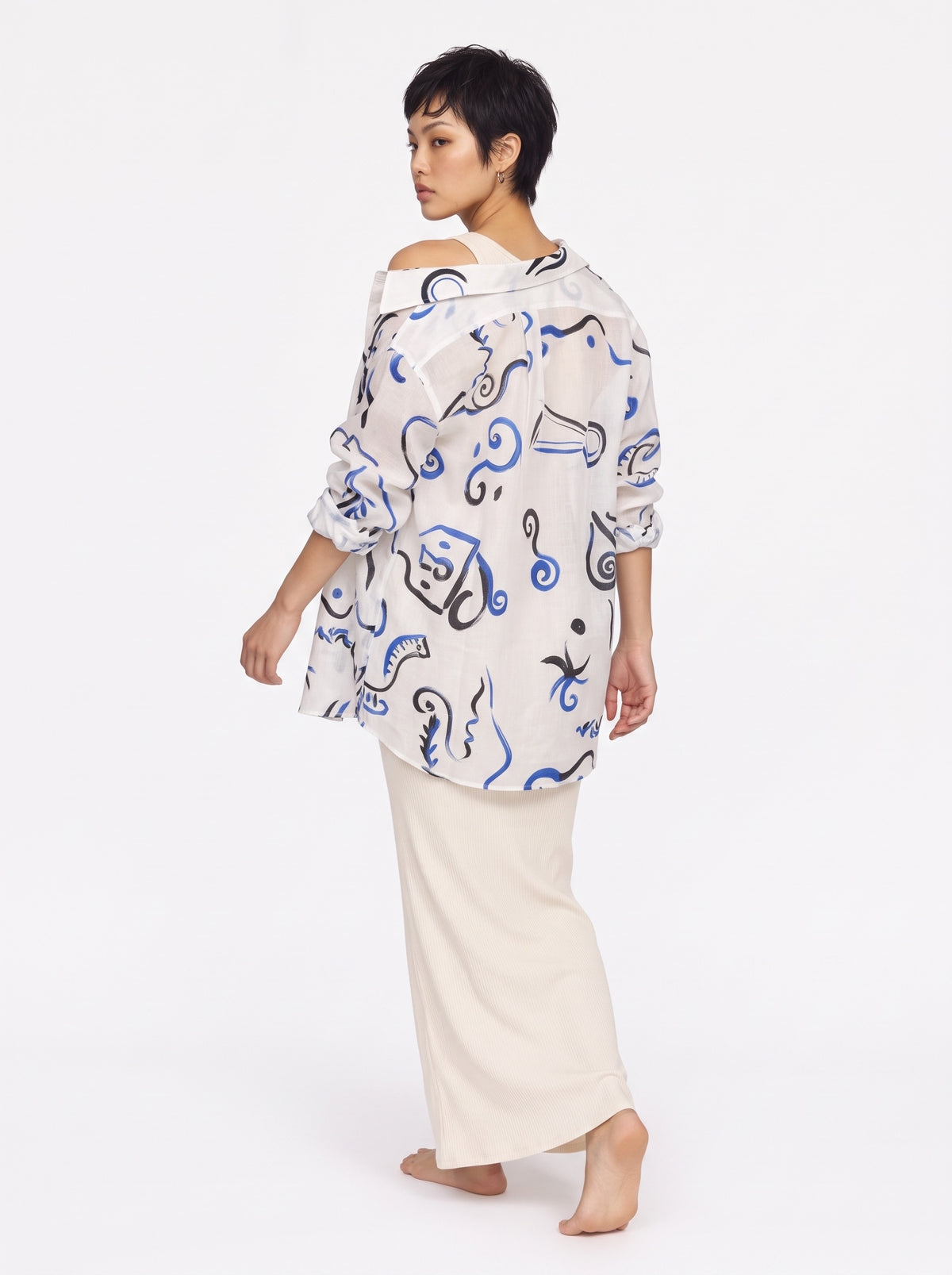 Abstract Print Cotton Long Sleeve Shirt – White Blue