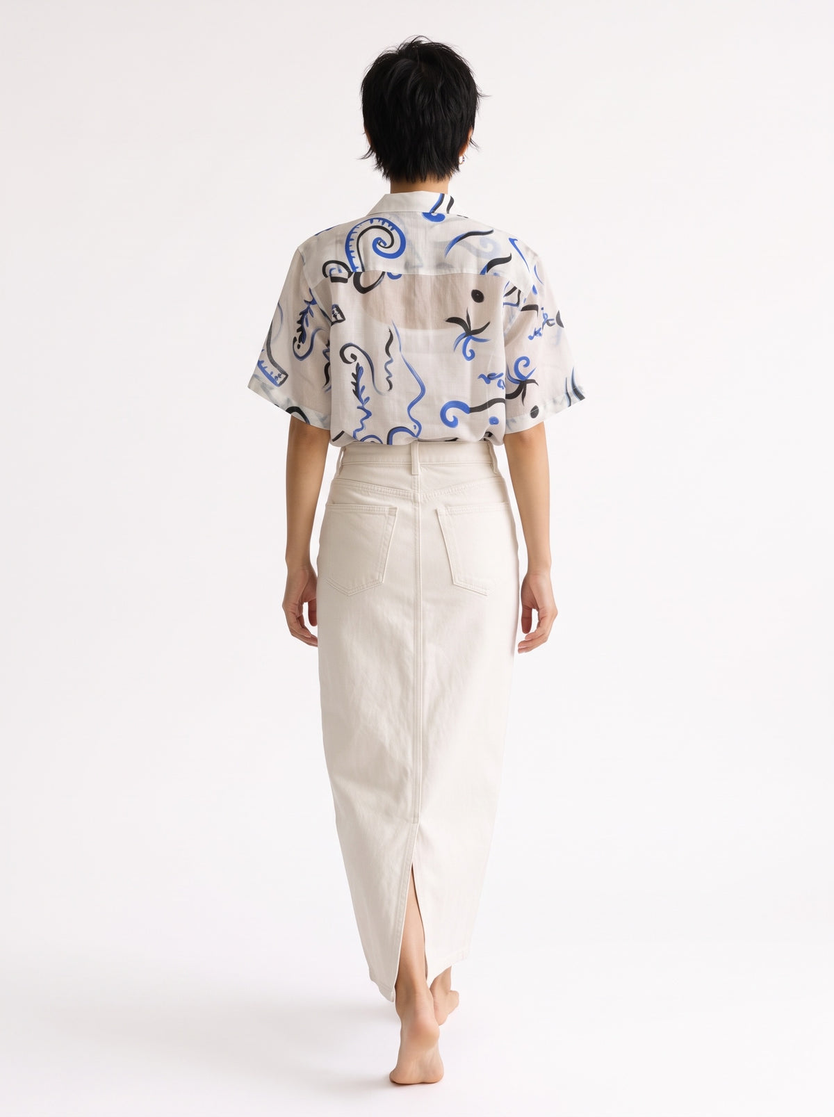 Abstract Print Cotton Short Sleeve Shirt – White Blue