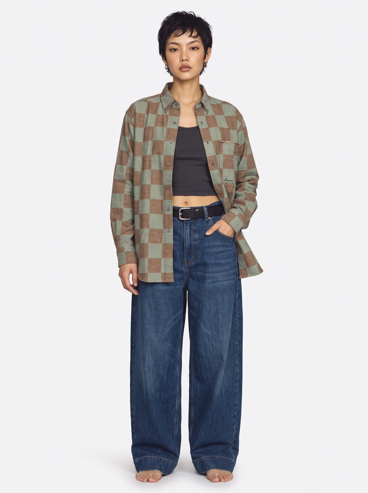 Checkered Cotton Long Sleeve Shirt – Green Brown