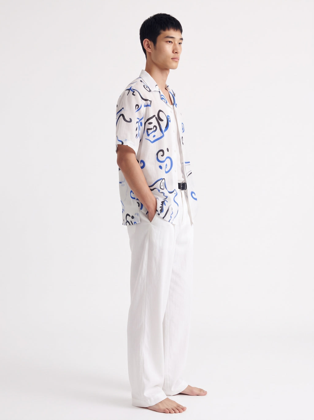Abstract Print Cotton Short Sleeve Shirt – White Blue