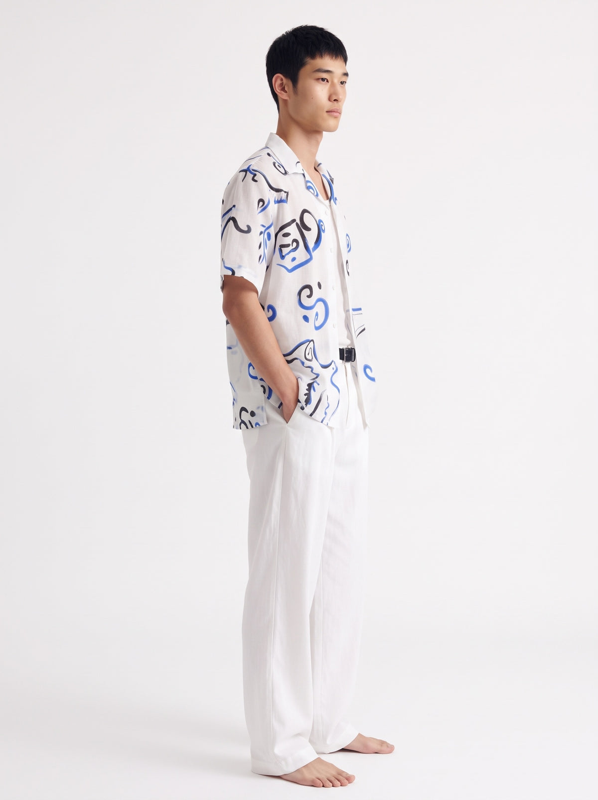 Abstract Print Cotton Short Sleeve Shirt – White Blue