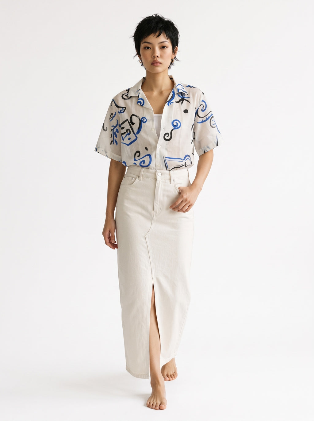 Abstract Print Cotton Short Sleeve Shirt – White Blue