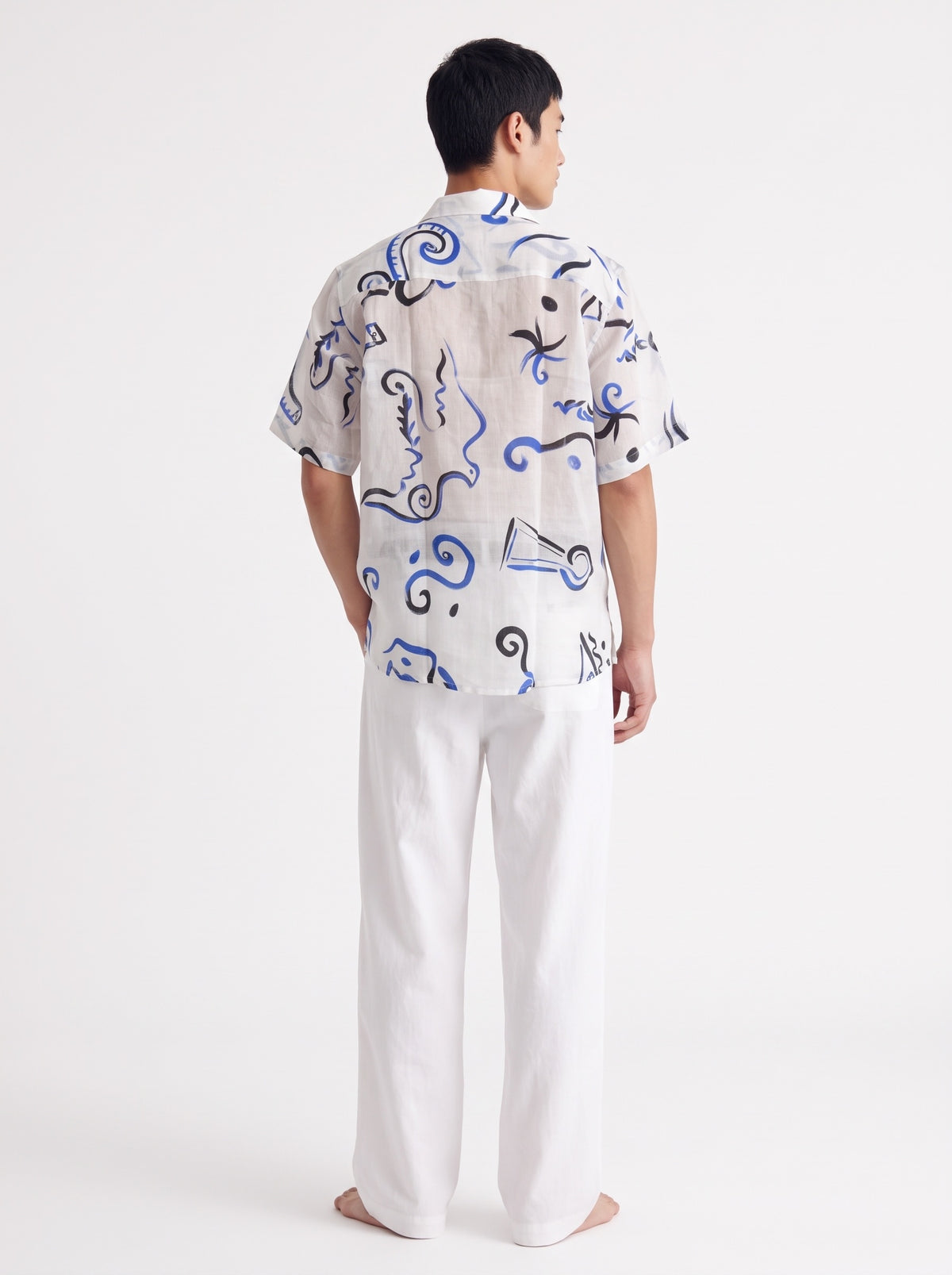 Abstract Print Cotton Short Sleeve Shirt – White Blue
