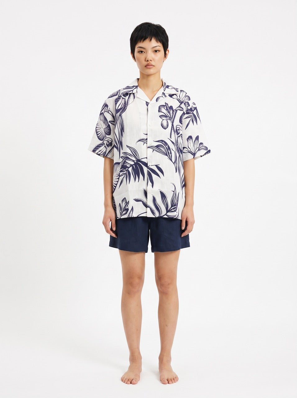 Botanical Print Linen Cuban Collar Shirt