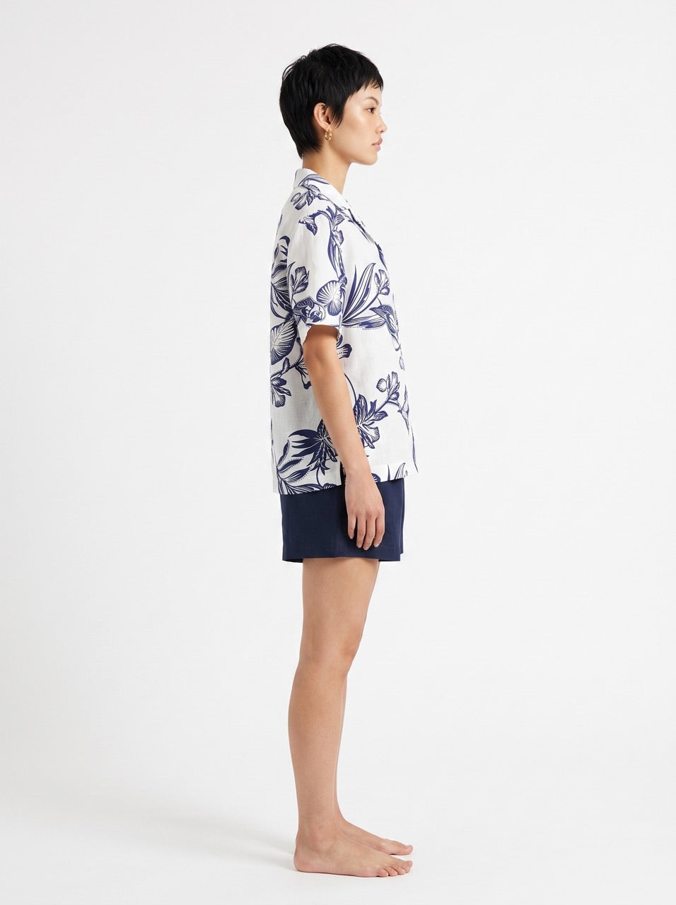 Botanical Print Linen Cuban Collar Shirt