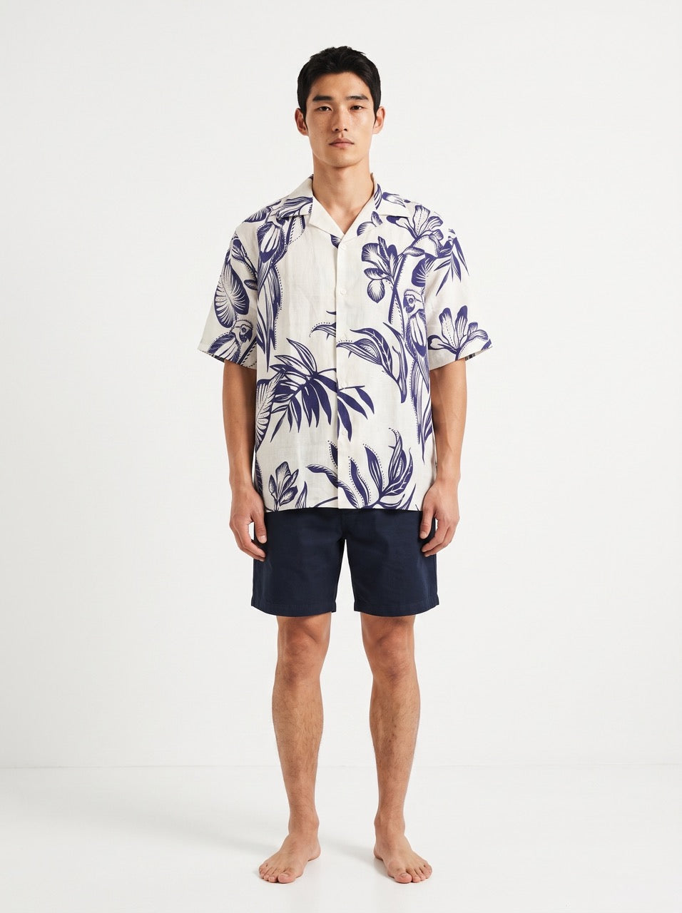 Botanical Print Linen Cuban Collar Shirt