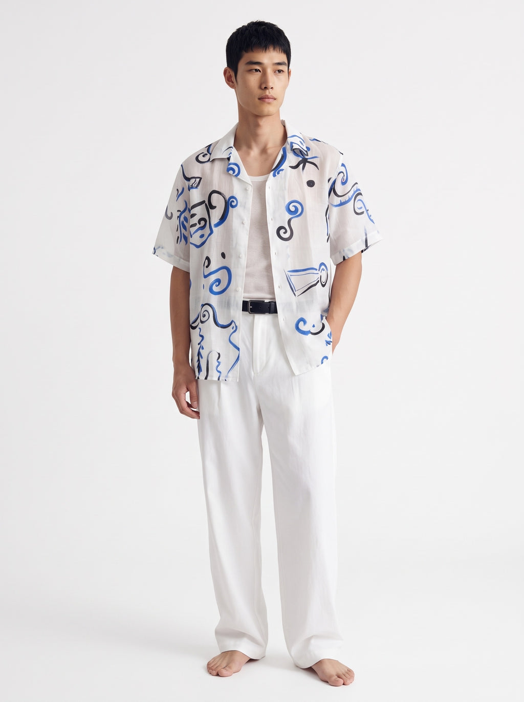 Abstract Print Cotton Short Sleeve Shirt – White Blue