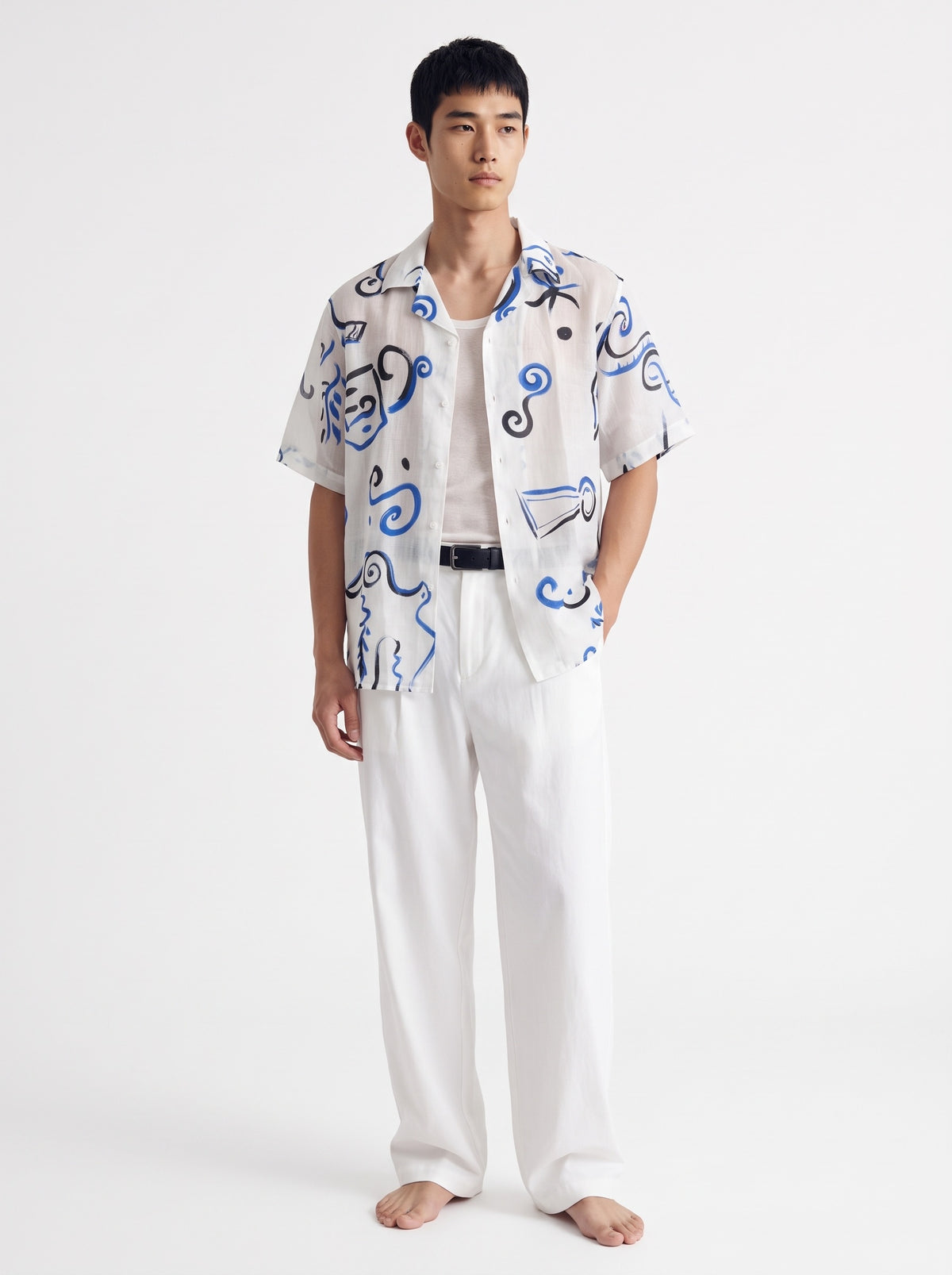 Abstract Print Cotton Short Sleeve Shirt – White Blue