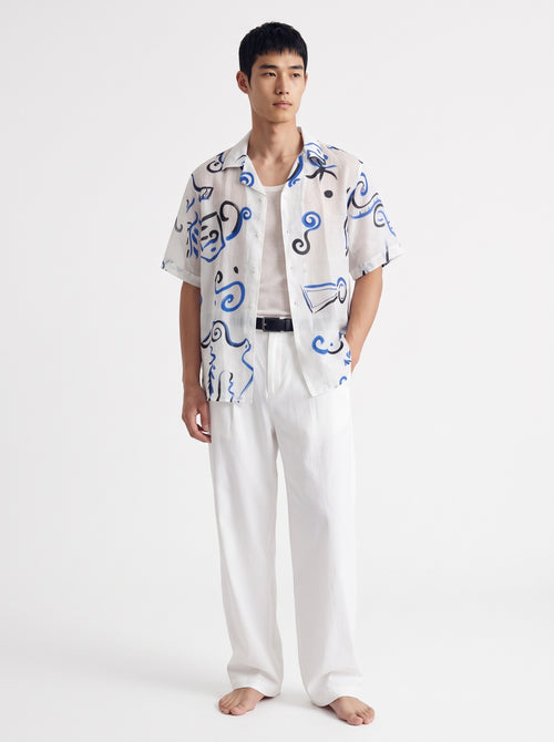 Abstract Print Cotton Short Sleeve Shirt – White Blue