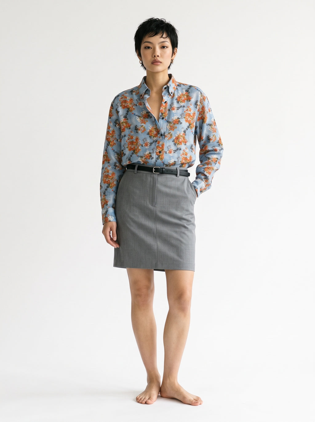 Floral Print Linen Long Sleeve Shirt – Blue Orange