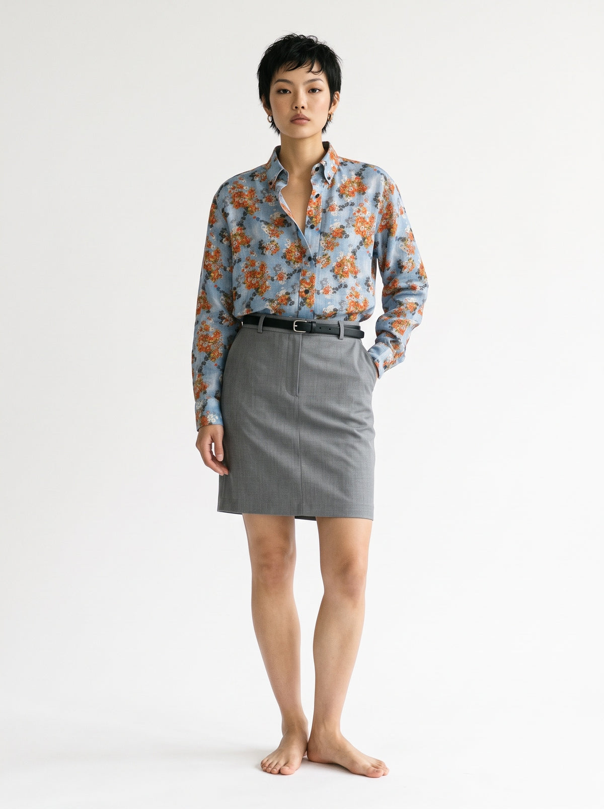 Floral Print Linen Long Sleeve Shirt – Blue Orange