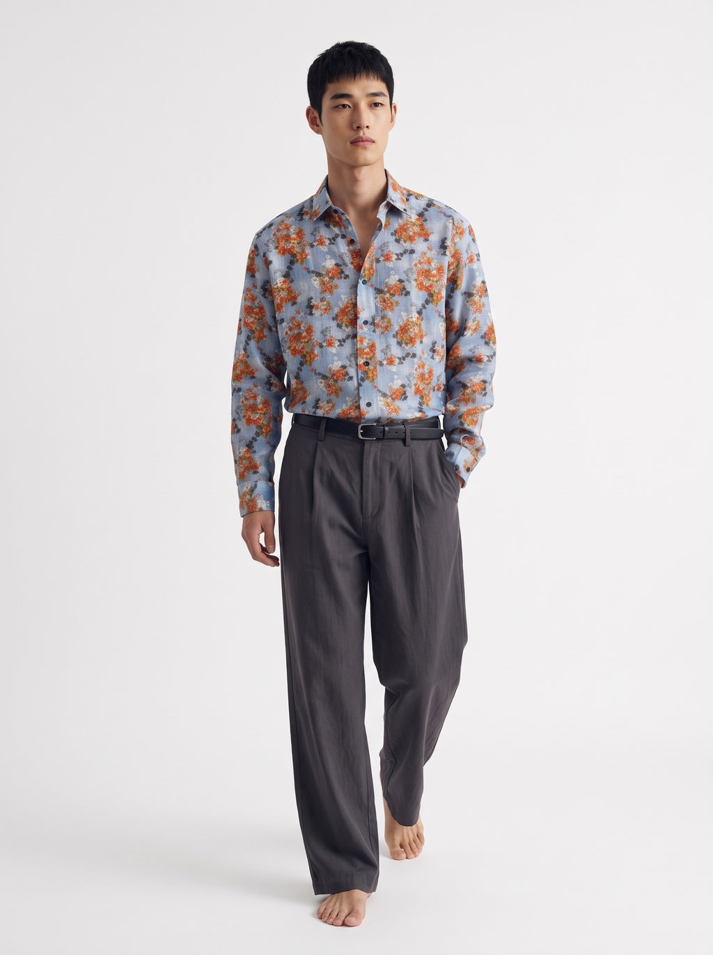 Floral Print Linen Long Sleeve Shirt – Blue Orange