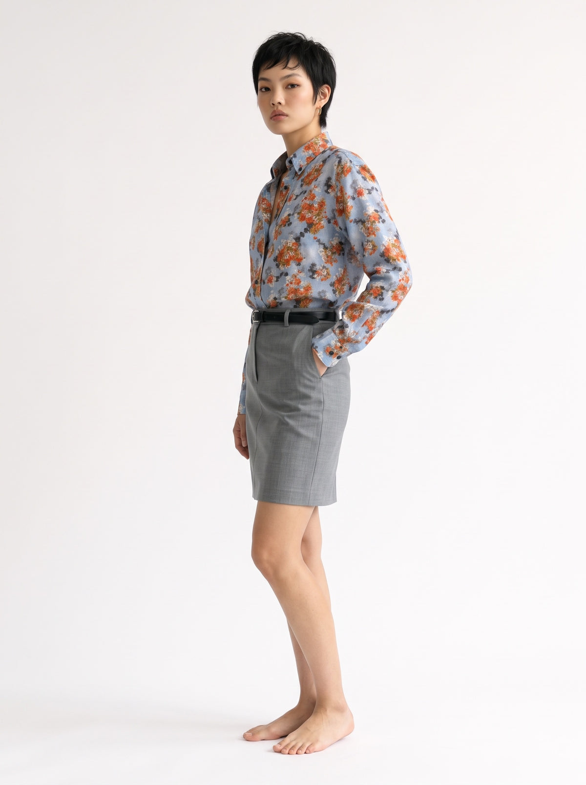 Floral Print Linen Long Sleeve Shirt – Blue Orange