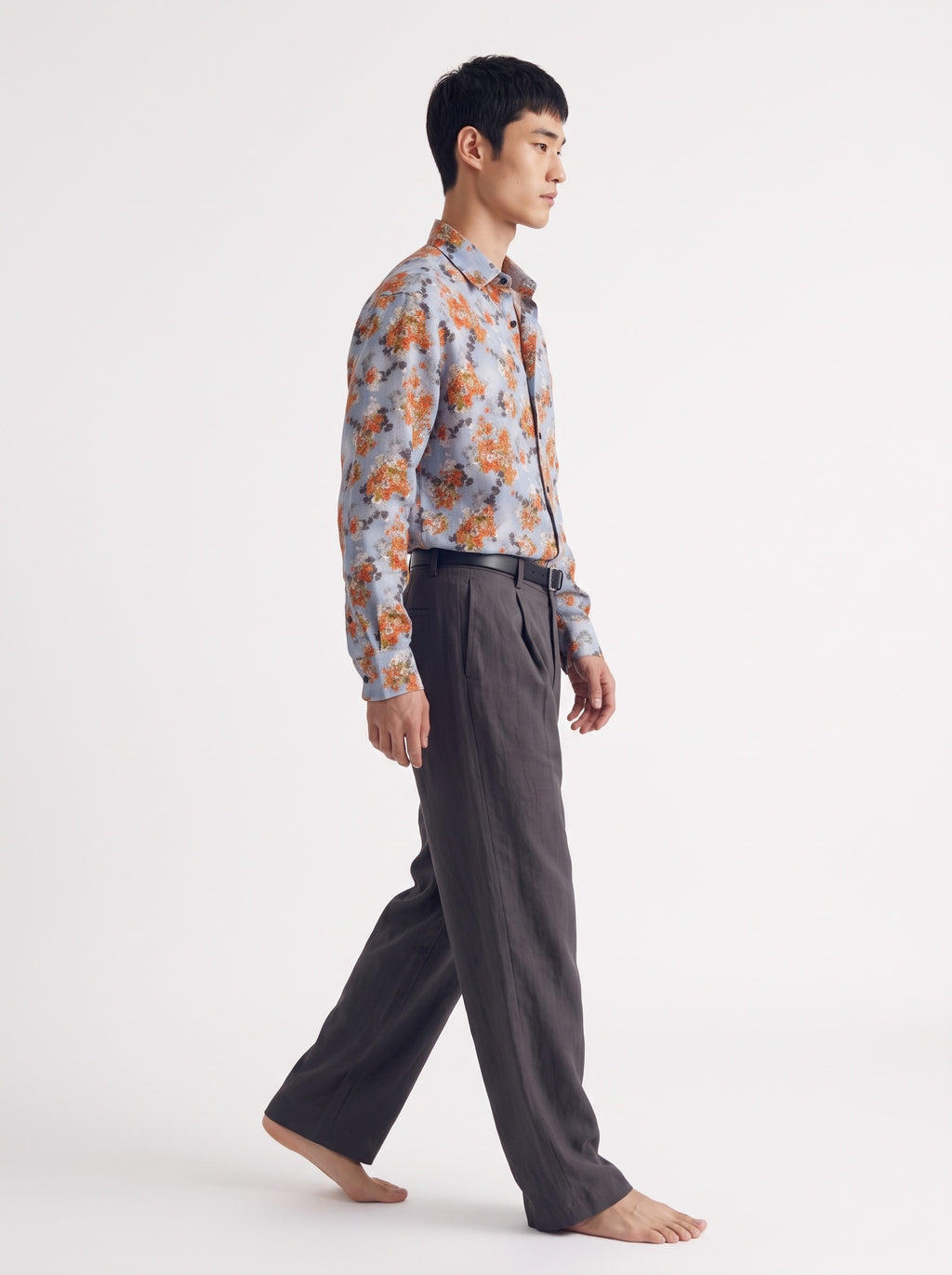Floral Print Linen Long Sleeve Shirt – Blue Orange