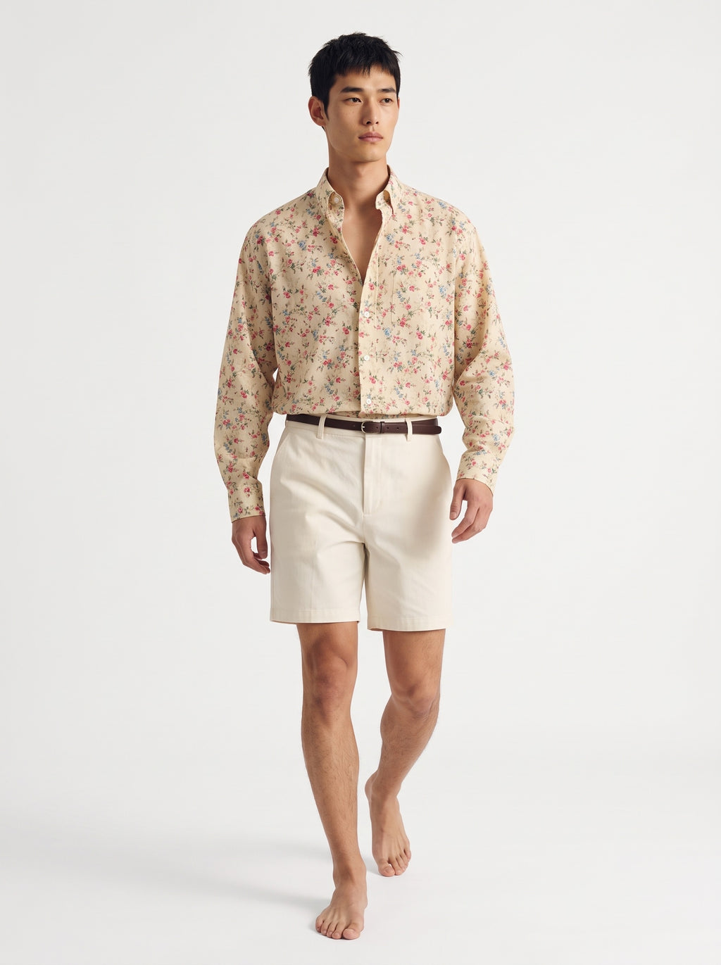 Floral Print Cotton Long Sleeve Shirt – Cream Pink