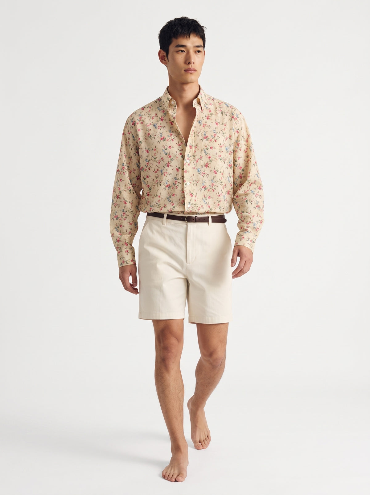 Floral Print Cotton Long Sleeve Shirt – Cream Pink