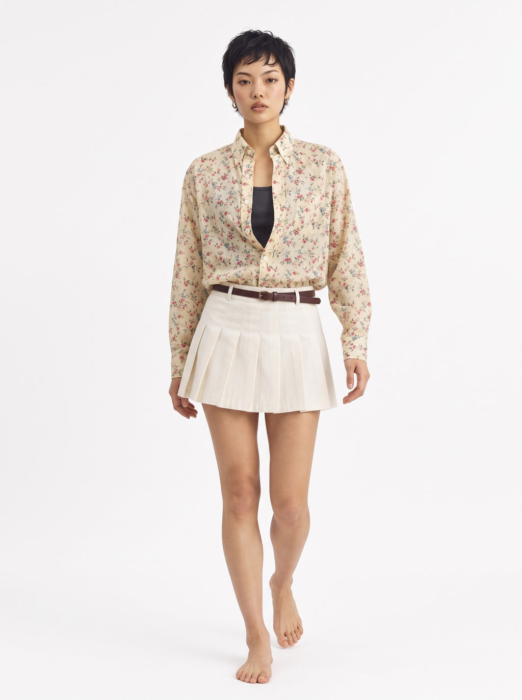 Floral Print Cotton Long Sleeve Shirt – Cream Pink