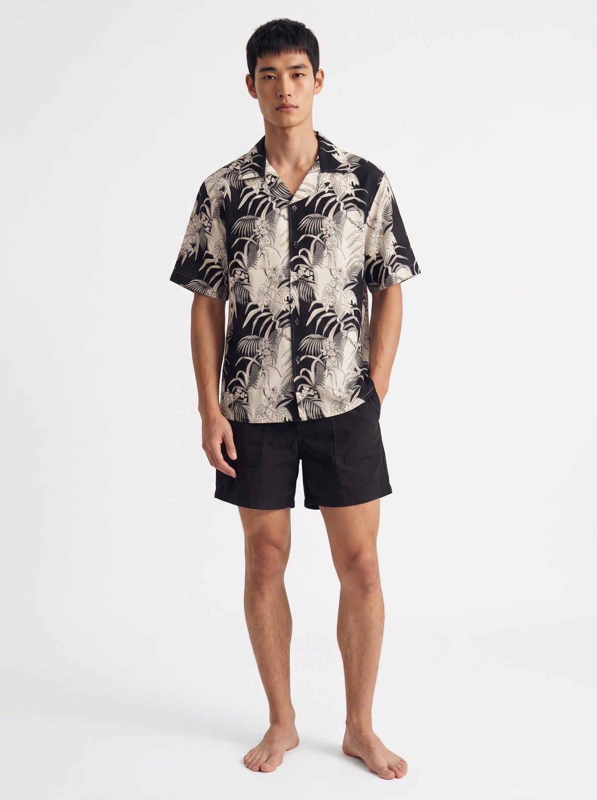 Floral Print Linen Short Sleeve Shirt – Black