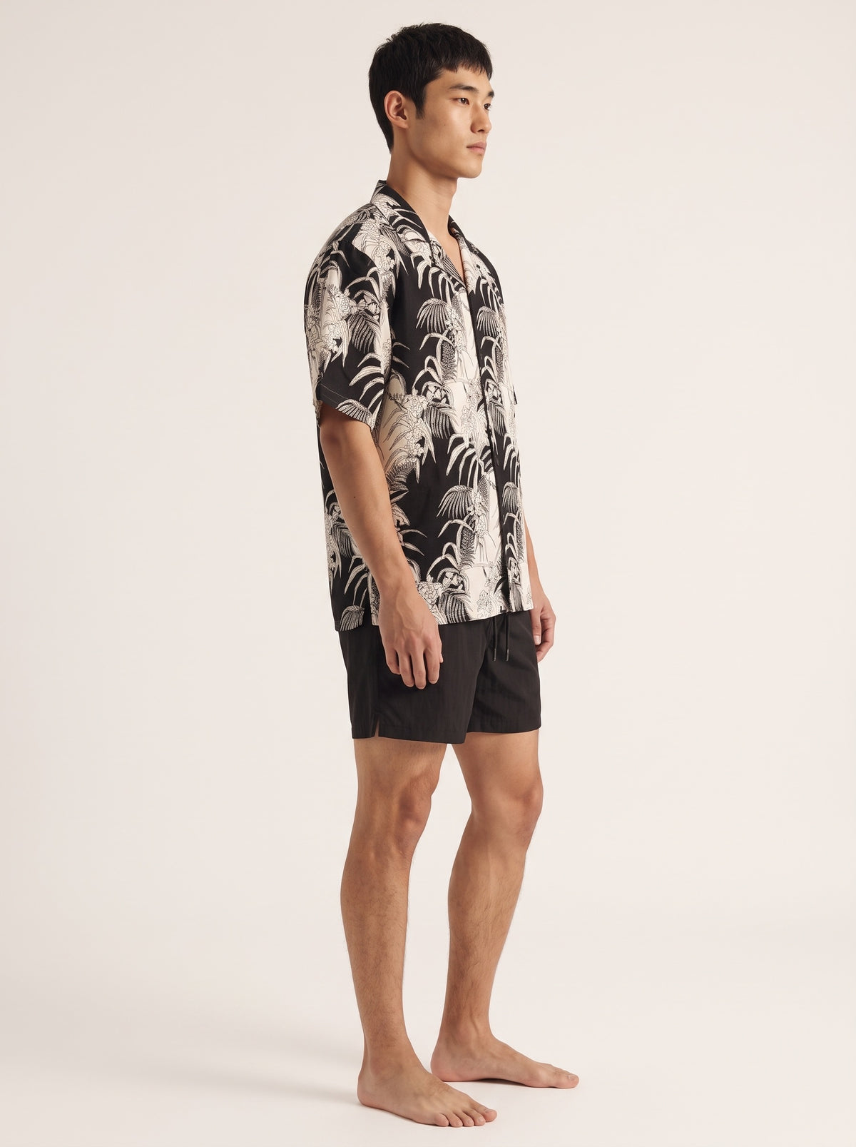 Floral Print Linen Short Sleeve Shirt – Black