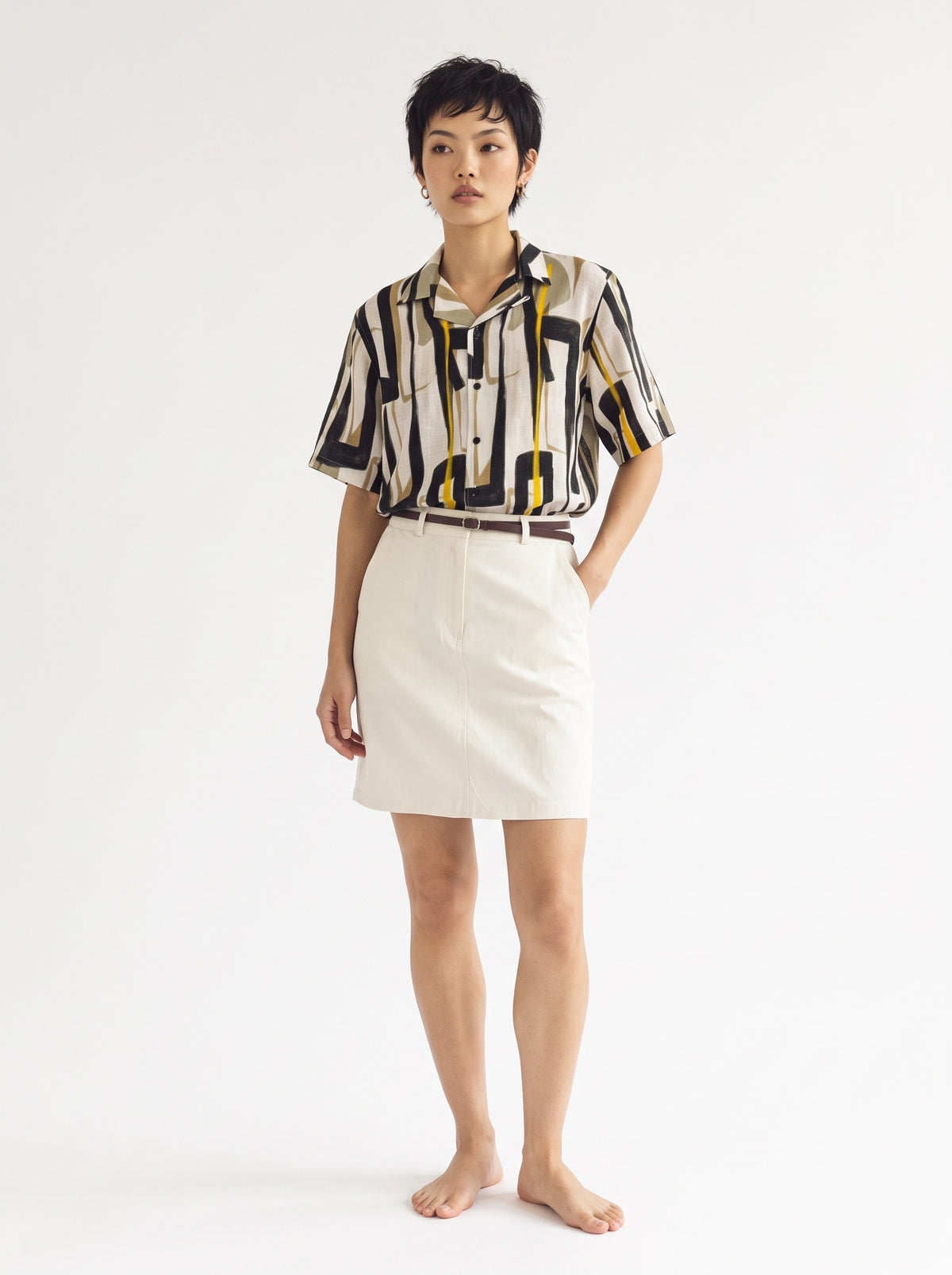 Geometric Print Linen Short Sleeve Shirt – White Yellow