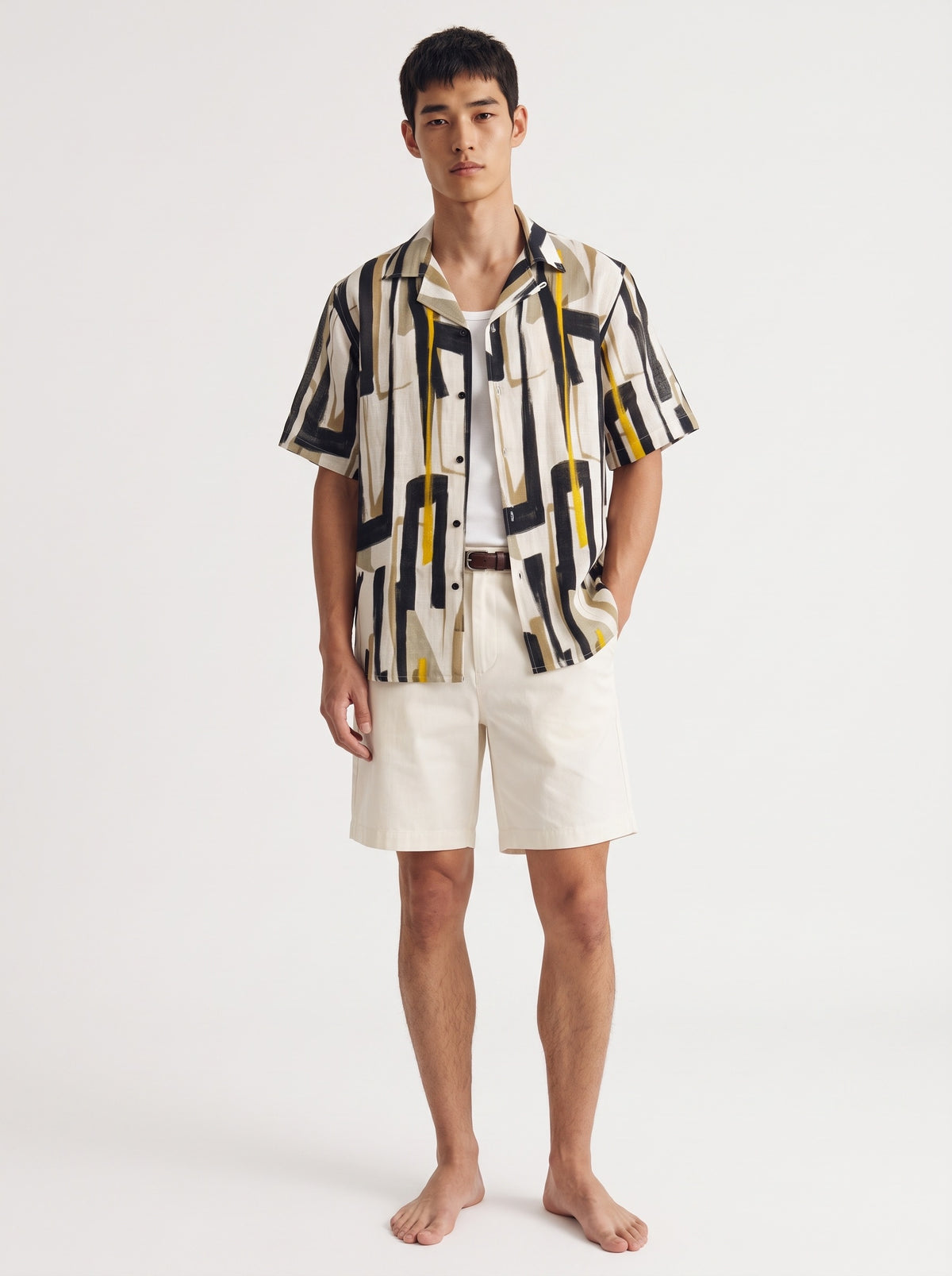 Geometric Print Linen Short Sleeve Shirt – White Yellow