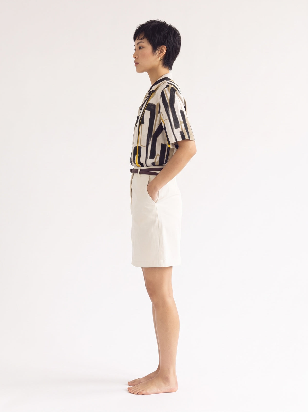 Geometric Print Linen Short Sleeve Shirt – White Yellow