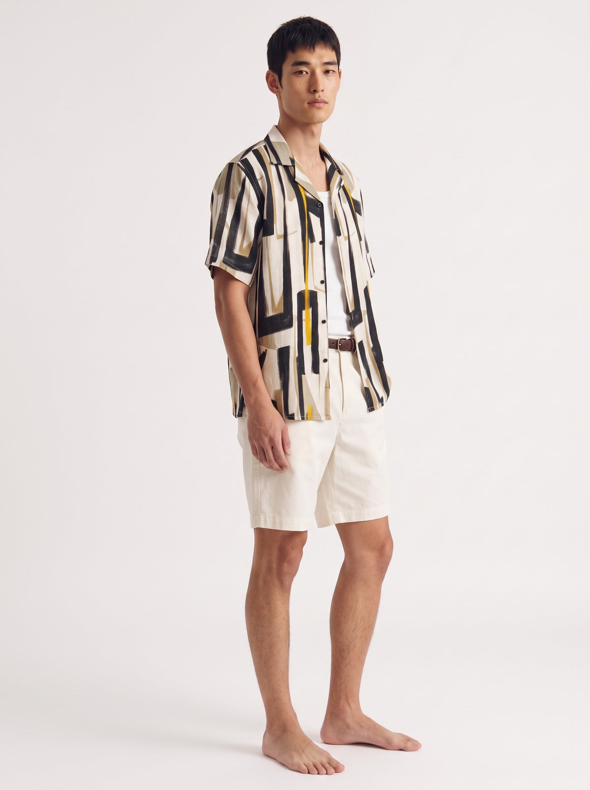 Geometric Print Linen Short Sleeve Shirt – White Yellow