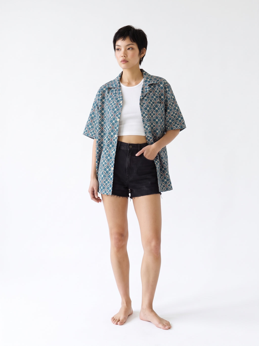 Leaf Print Cotton Short Sleeve Shirt – Green