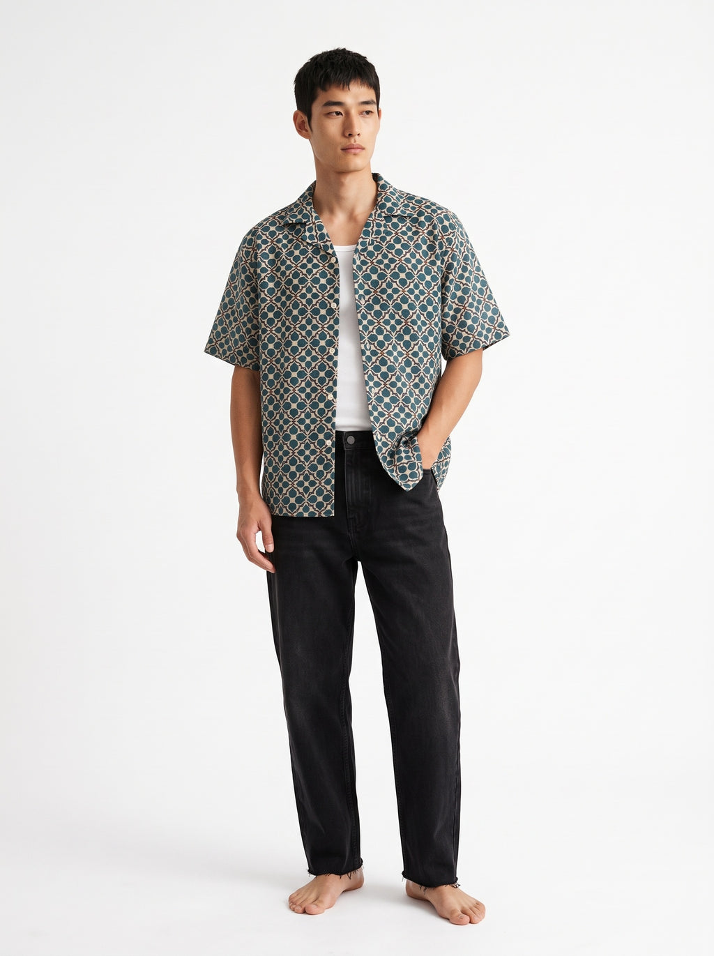 Leaf Print Cotton Short Sleeve Shirt – Green