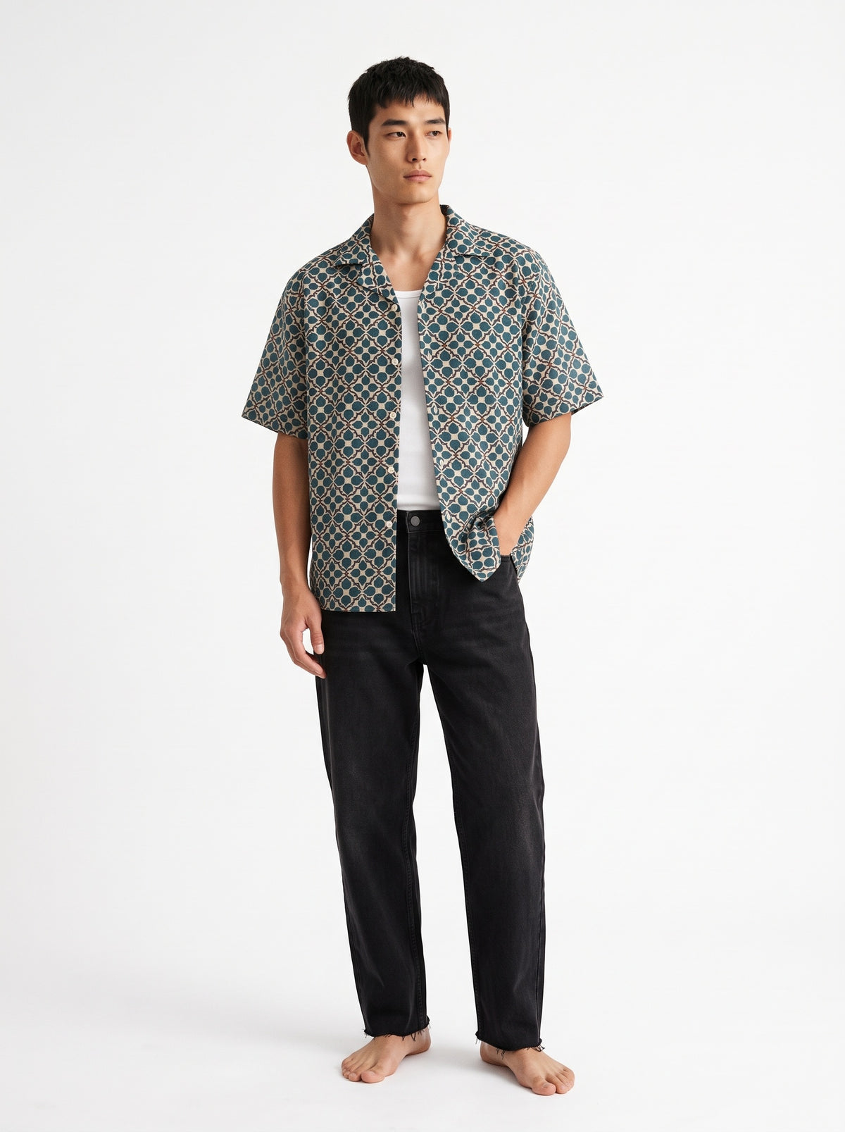 Leaf Print Cotton Short Sleeve Shirt – Green