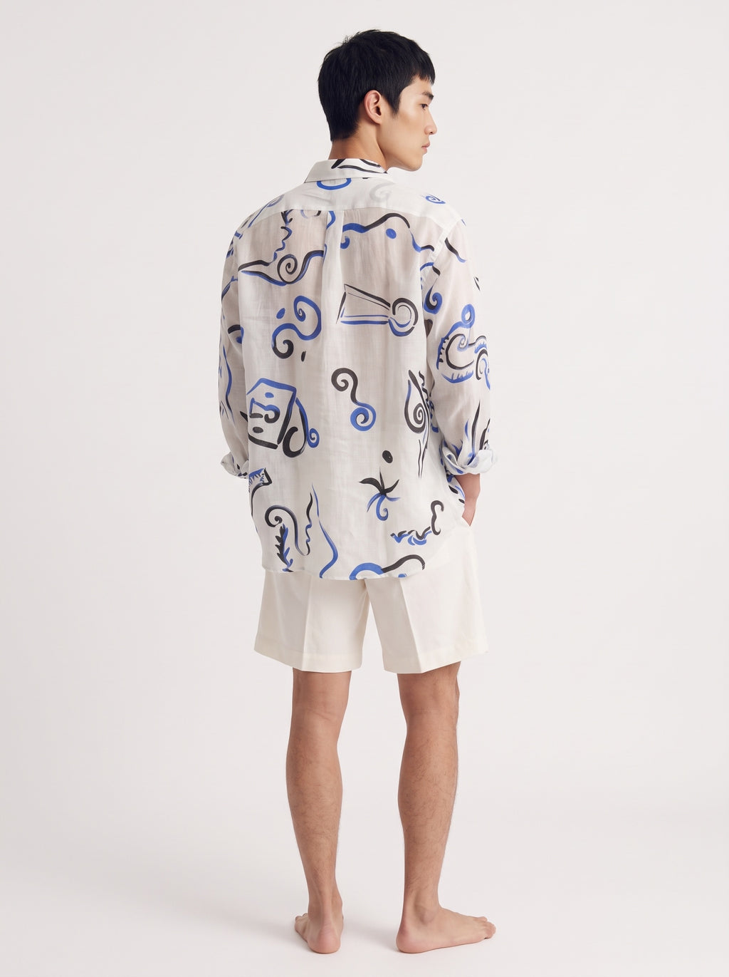 Abstract Print Cotton Long Sleeve Shirt – White Blue