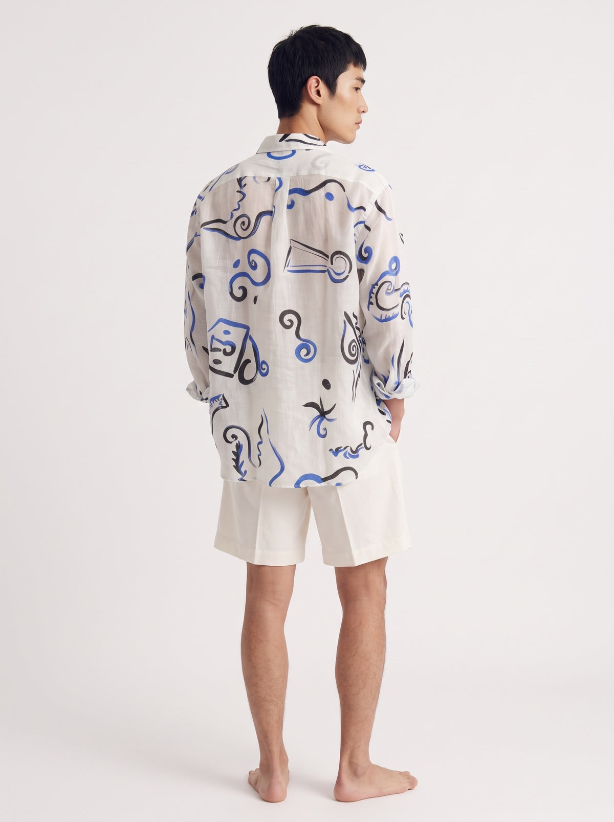Abstract Print Cotton Long Sleeve Shirt – White Blue