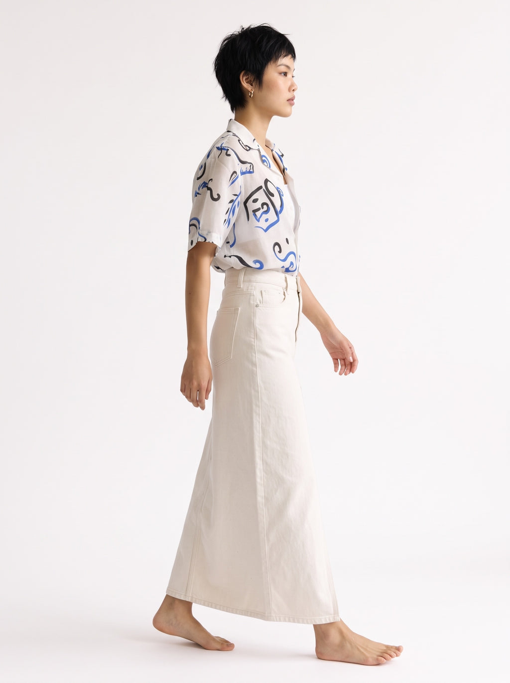Abstract Print Cotton Short Sleeve Shirt – White Blue