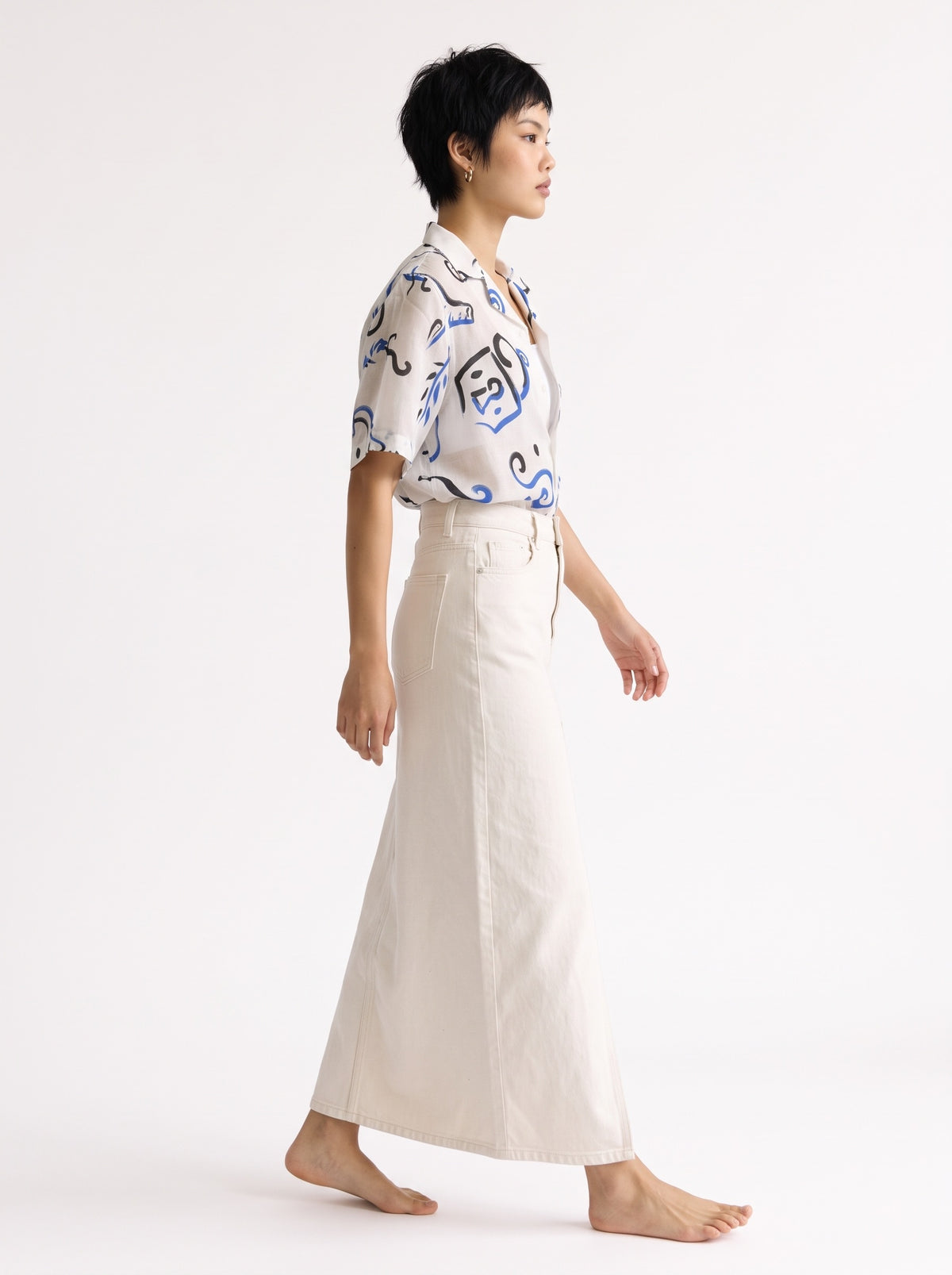 Abstract Print Cotton Short Sleeve Shirt – White Blue