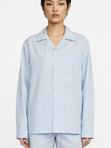 Sky Blue Stripe Cotton Long Sleeve Cuban Collar Shirt