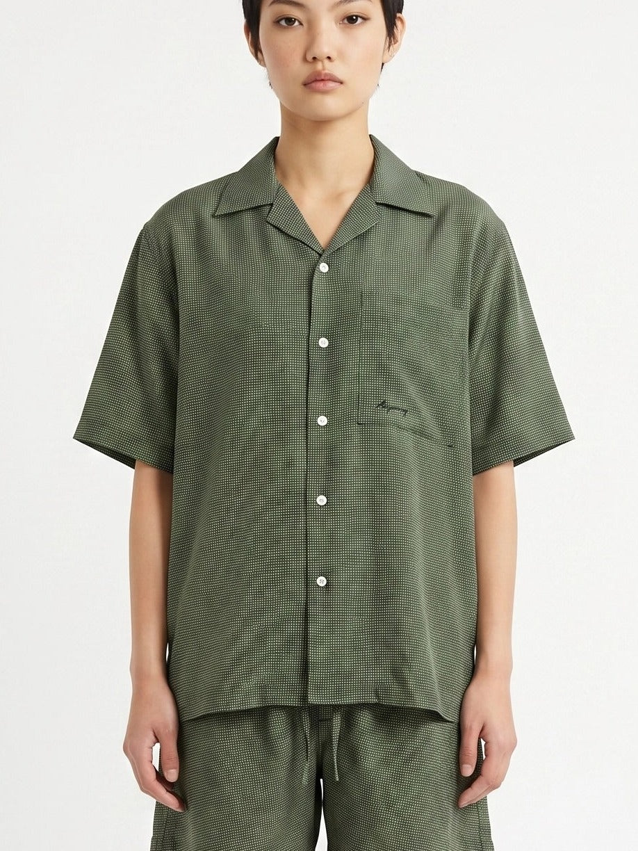 Olive Micro Print Cotton Silk Shirt