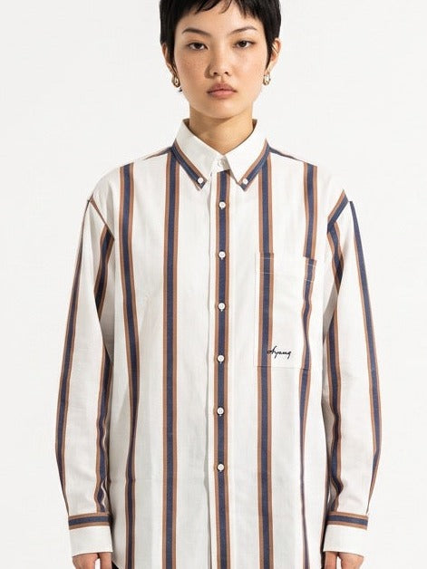 Blue and Brown Stripe Yarn-Dyed Cotton Button-Down Shirt