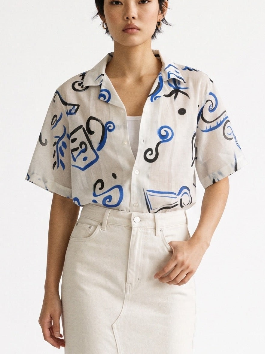 Abstract Print Cotton Short Sleeve Shirt – White Blue