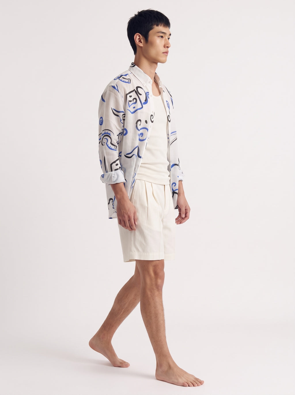 Abstract Print Cotton Long Sleeve Shirt – White Blue