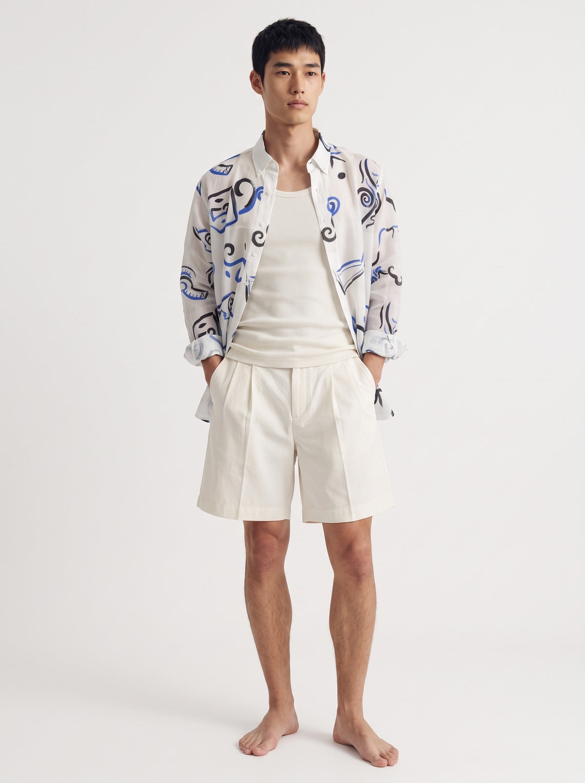 Abstract Print Cotton Long Sleeve Shirt – White Blue