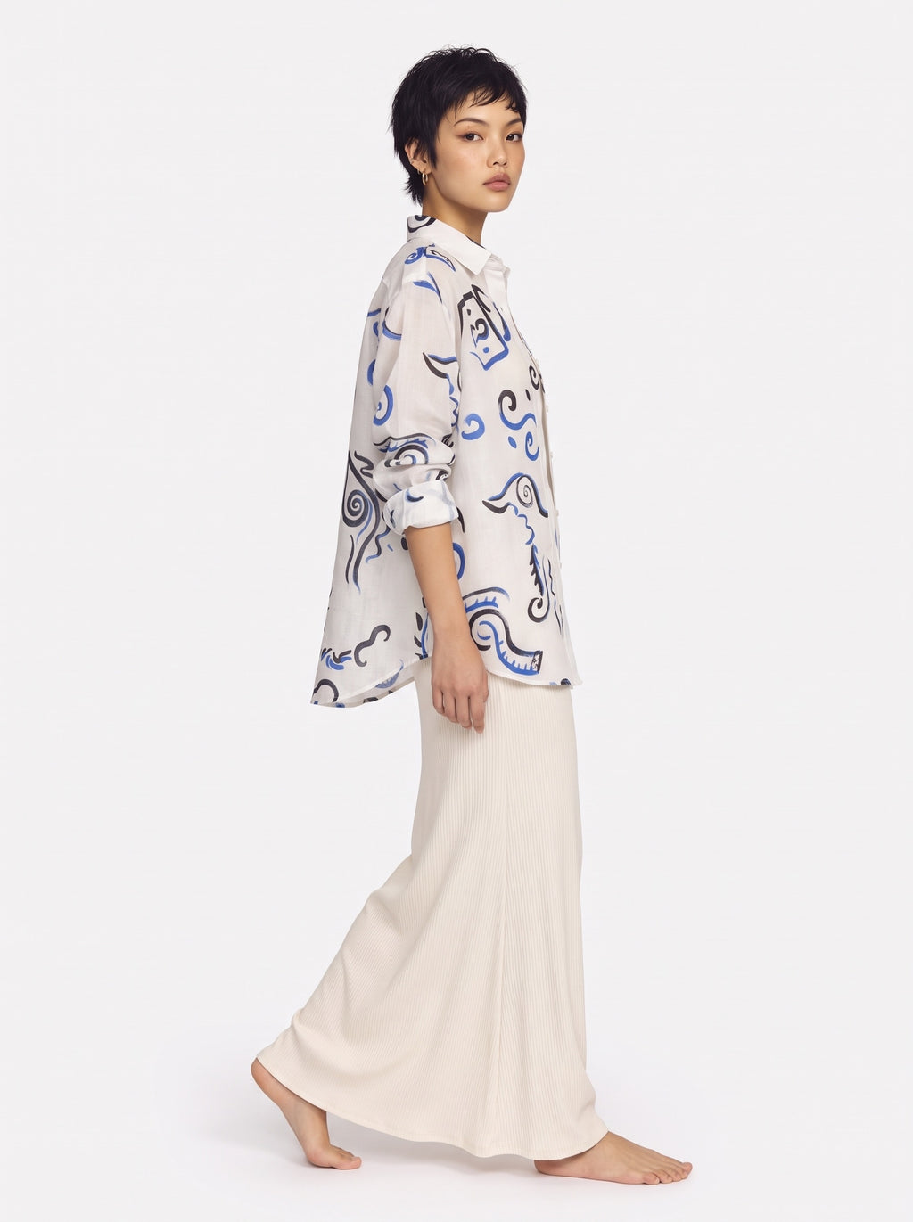 Abstract Print Cotton Long Sleeve Shirt – White Blue