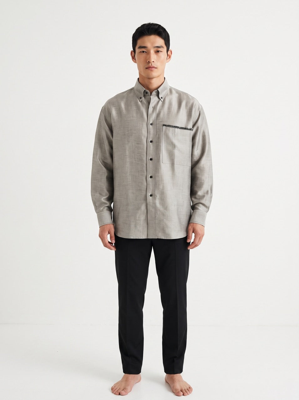 Silver Silk Button-Down Shirt