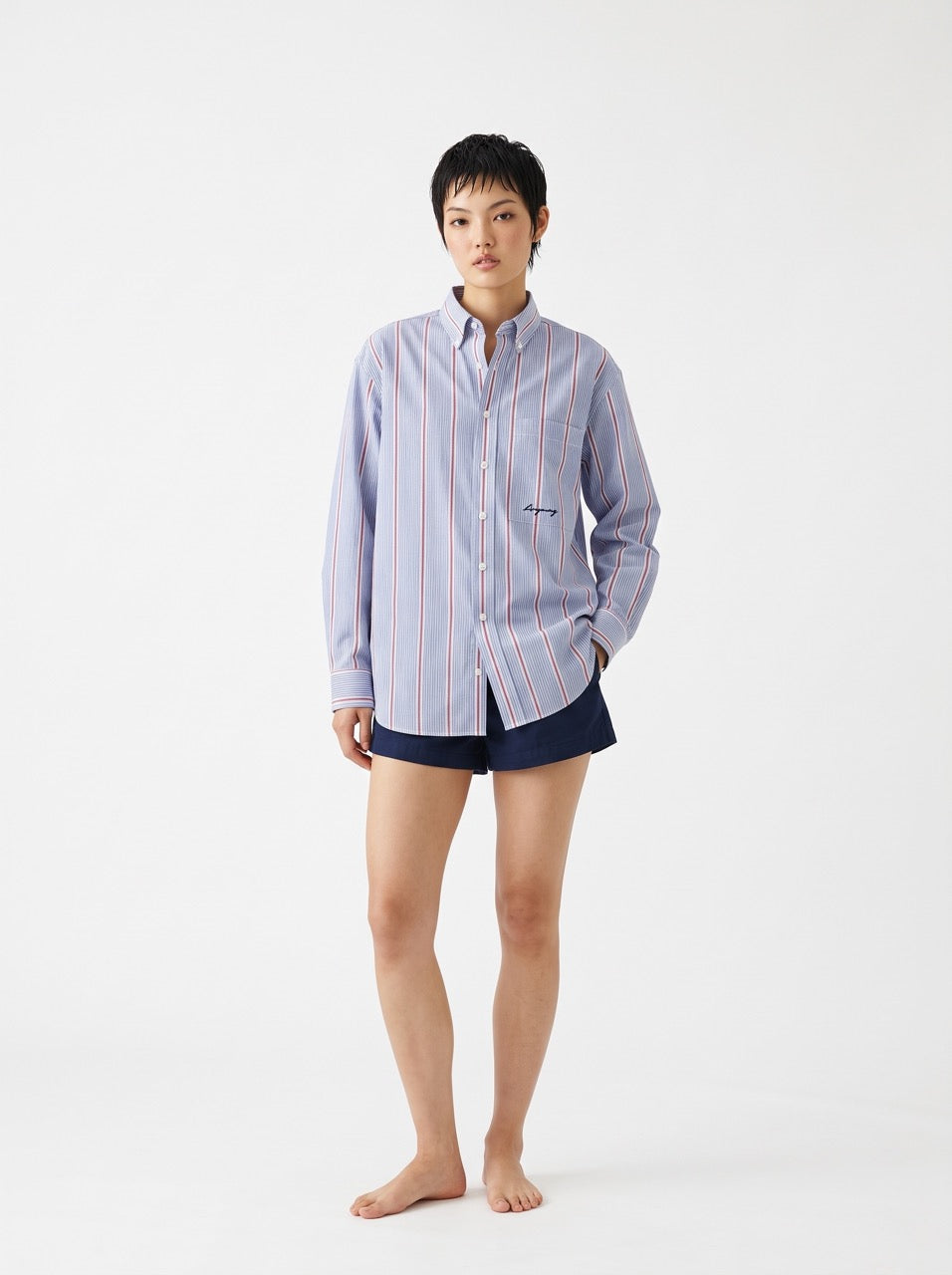 Blue, White & Red Yarn-Dyed Cotton Stripe Button-Down Shirt