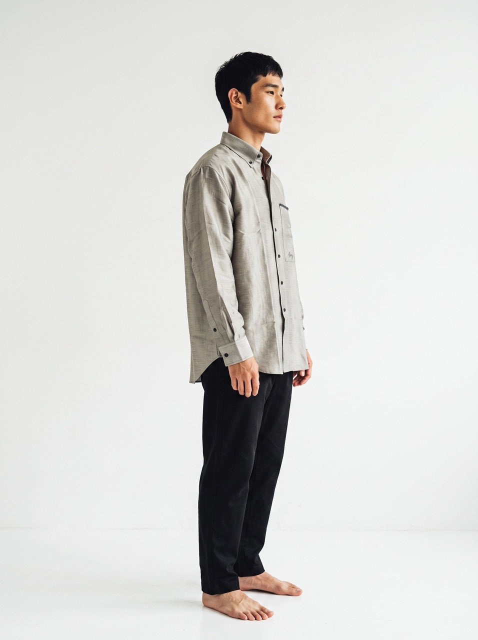 Silver Silk Button-Down Shirt