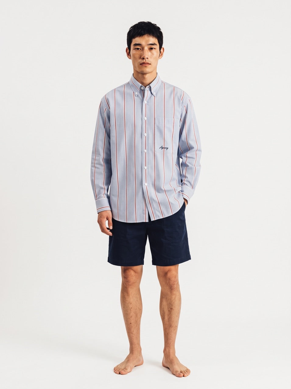Blue, White & Red Yarn-Dyed Cotton Stripe Button-Down Shirt
