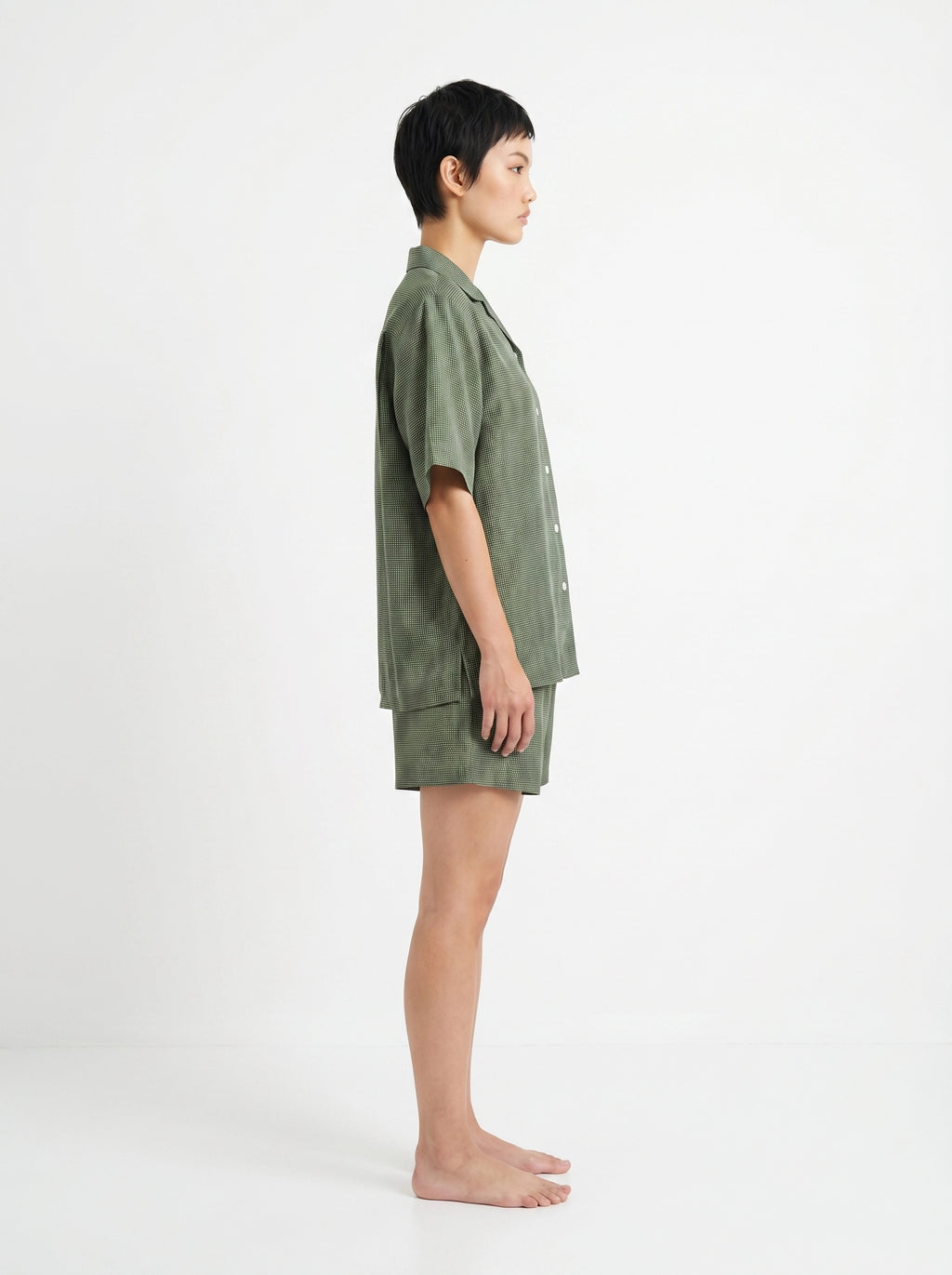 Olive Micro Print Cotton Silk Shirt