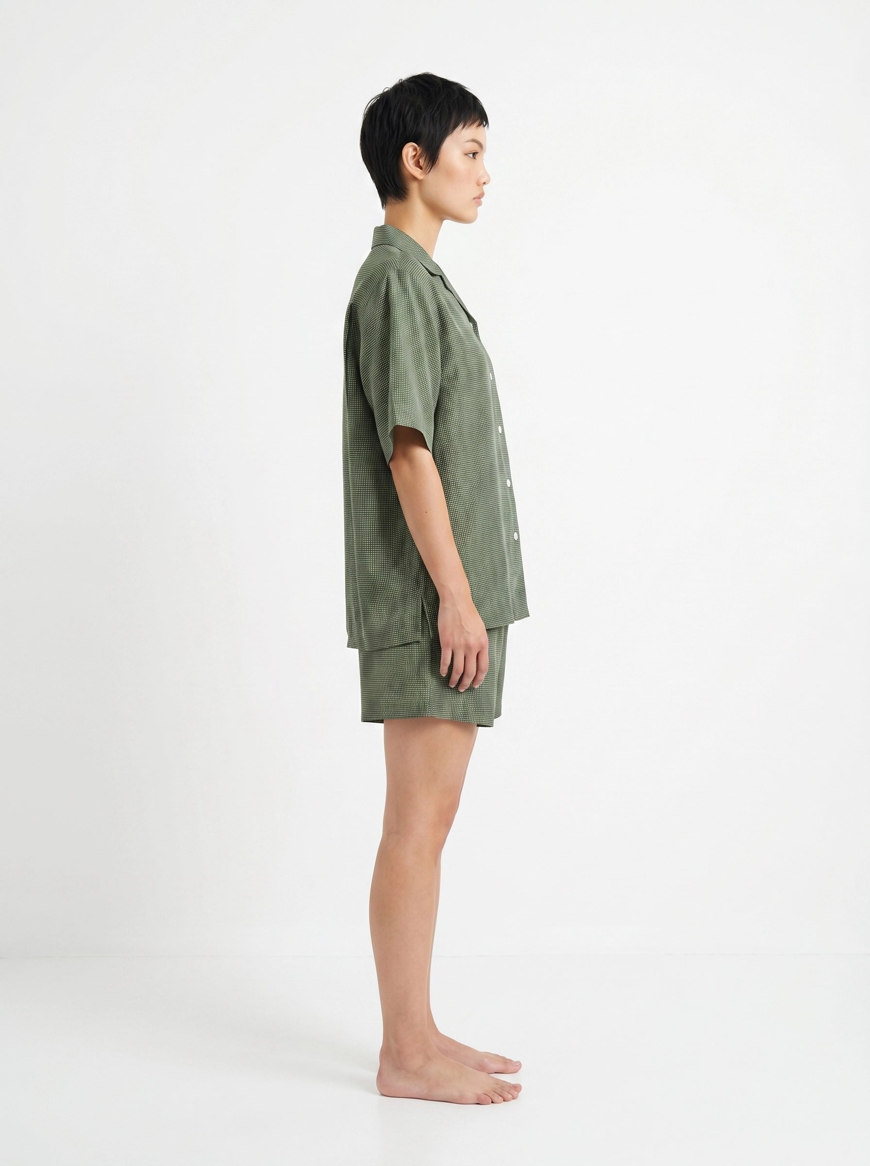 Olive Micro Print Cotton Silk Shirt