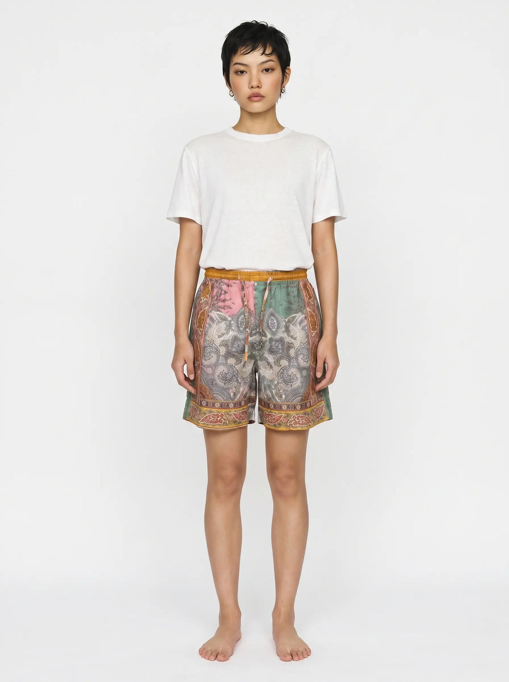 Mediterranean Print Linen Shorts