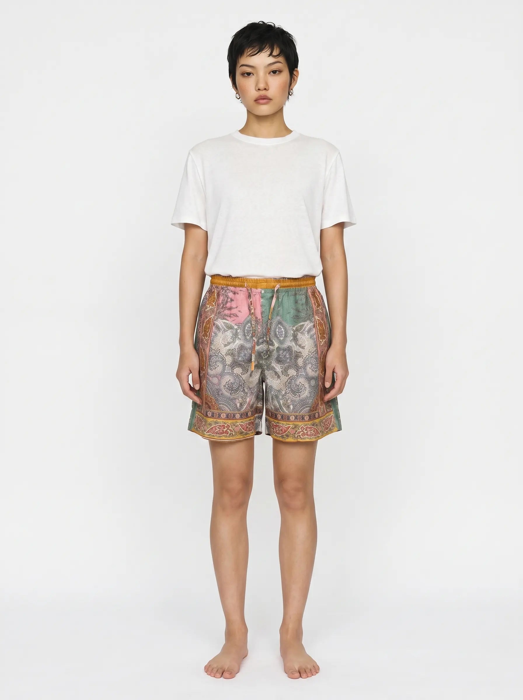 Mediterranean Print Linen Shorts